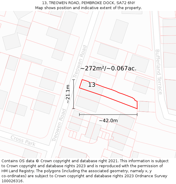 13, TREOWEN ROAD, PEMBROKE DOCK, SA72 6NY: Plot and title map