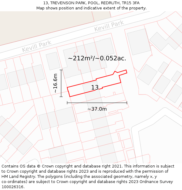 13, TREVENSON PARK, POOL, REDRUTH, TR15 3FA: Plot and title map