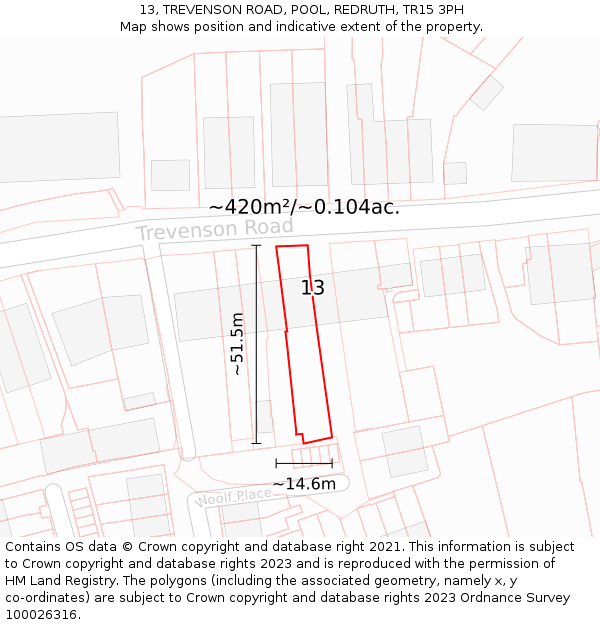 13, TREVENSON ROAD, POOL, REDRUTH, TR15 3PH: Plot and title map