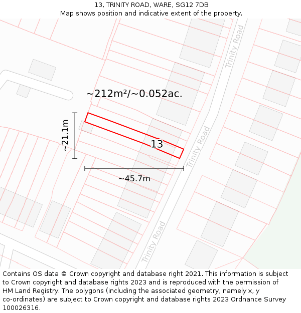 13, TRINITY ROAD, WARE, SG12 7DB: Plot and title map