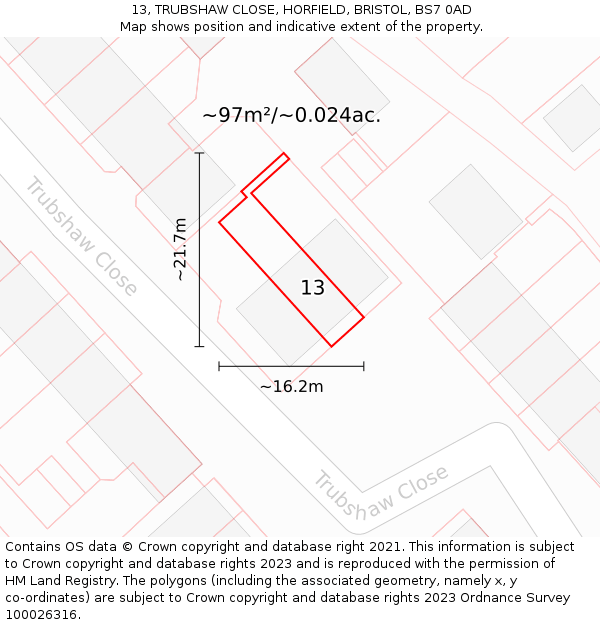 13, TRUBSHAW CLOSE, HORFIELD, BRISTOL, BS7 0AD: Plot and title map