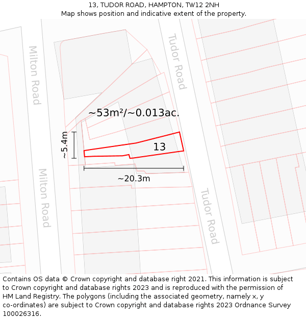 13, TUDOR ROAD, HAMPTON, TW12 2NH: Plot and title map