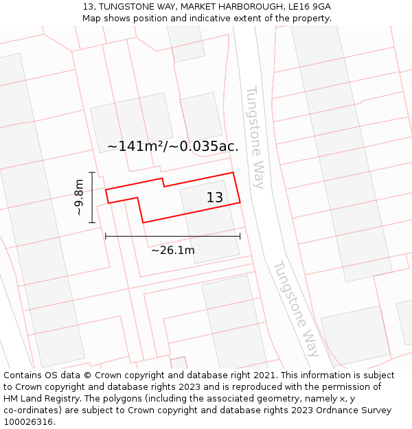 13, TUNGSTONE WAY, MARKET HARBOROUGH, LE16 9GA: Plot and title map