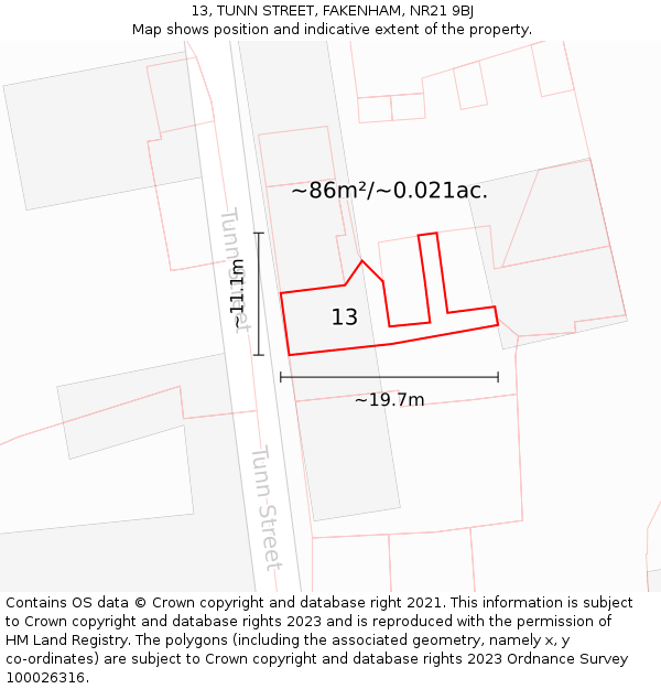13, TUNN STREET, FAKENHAM, NR21 9BJ: Plot and title map