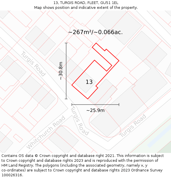 13, TURGIS ROAD, FLEET, GU51 1EL: Plot and title map