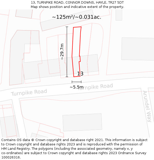 13, TURNPIKE ROAD, CONNOR DOWNS, HAYLE, TR27 5DT: Plot and title map