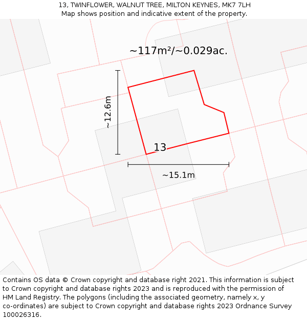 13, TWINFLOWER, WALNUT TREE, MILTON KEYNES, MK7 7LH: Plot and title map