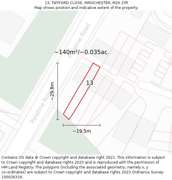 13, TWYFORD CLOSE, MANCHESTER, M20 2YR: Plot and title map