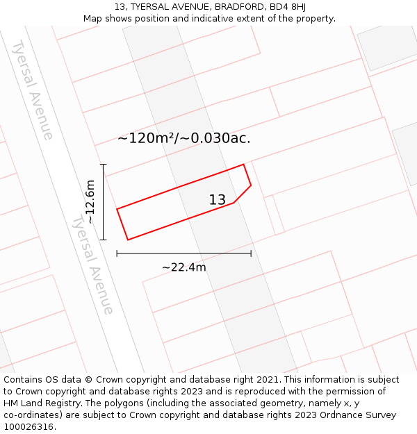 13, TYERSAL AVENUE, BRADFORD, BD4 8HJ: Plot and title map