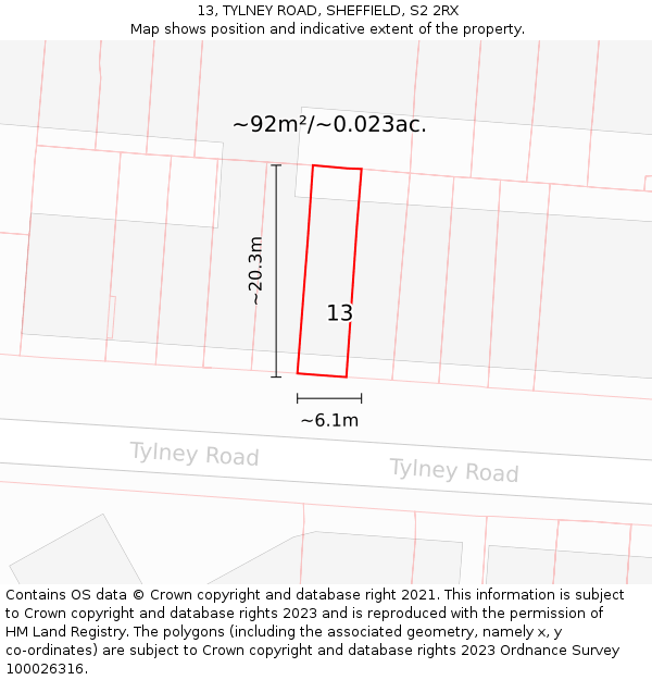 13, TYLNEY ROAD, SHEFFIELD, S2 2RX: Plot and title map