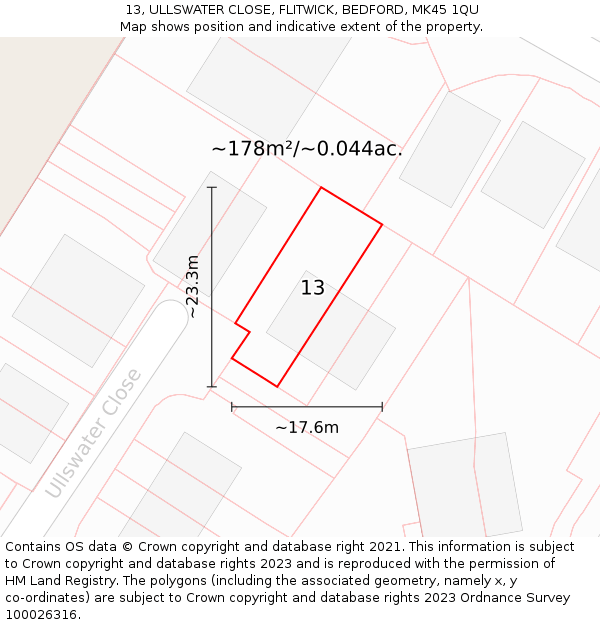 13, ULLSWATER CLOSE, FLITWICK, BEDFORD, MK45 1QU: Plot and title map
