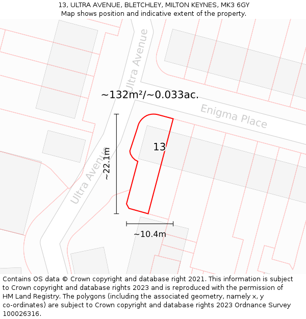 13, ULTRA AVENUE, BLETCHLEY, MILTON KEYNES, MK3 6GY: Plot and title map
