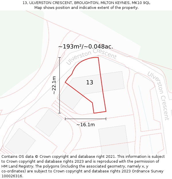 13, ULVERSTON CRESCENT, BROUGHTON, MILTON KEYNES, MK10 9QL: Plot and title map
