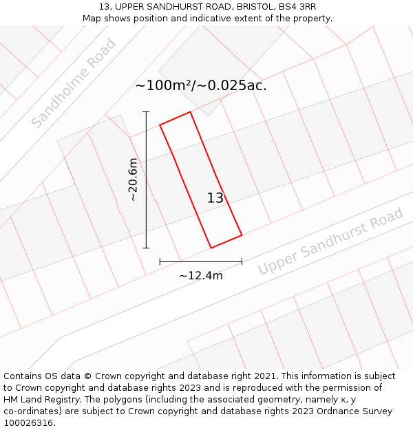13, UPPER SANDHURST ROAD, BRISTOL, BS4 3RR: Plot and title map