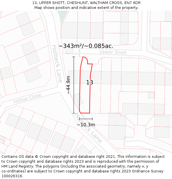 13, UPPER SHOTT, CHESHUNT, WALTHAM CROSS, EN7 6DR: Plot and title map