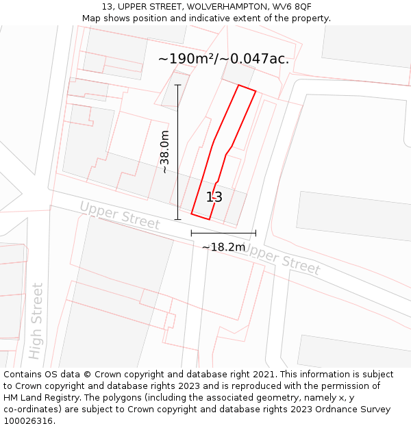 13, UPPER STREET, WOLVERHAMPTON, WV6 8QF: Plot and title map