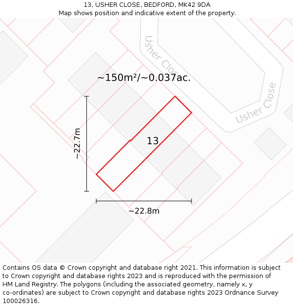 13, USHER CLOSE, BEDFORD, MK42 9DA: Plot and title map