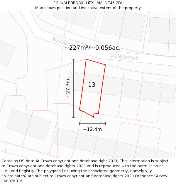 13, VALEBROOK, HEXHAM, NE46 2BL: Plot and title map