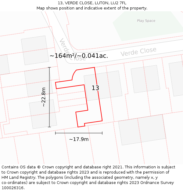13, VERDE CLOSE, LUTON, LU2 7FL: Plot and title map