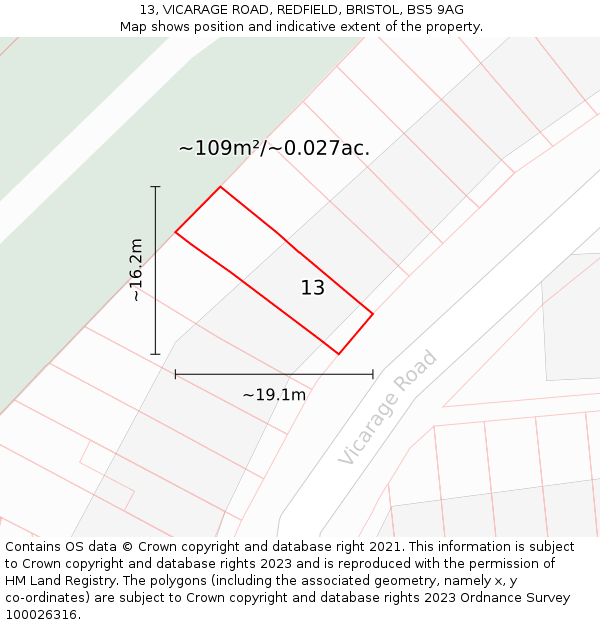 13, VICARAGE ROAD, REDFIELD, BRISTOL, BS5 9AG: Plot and title map