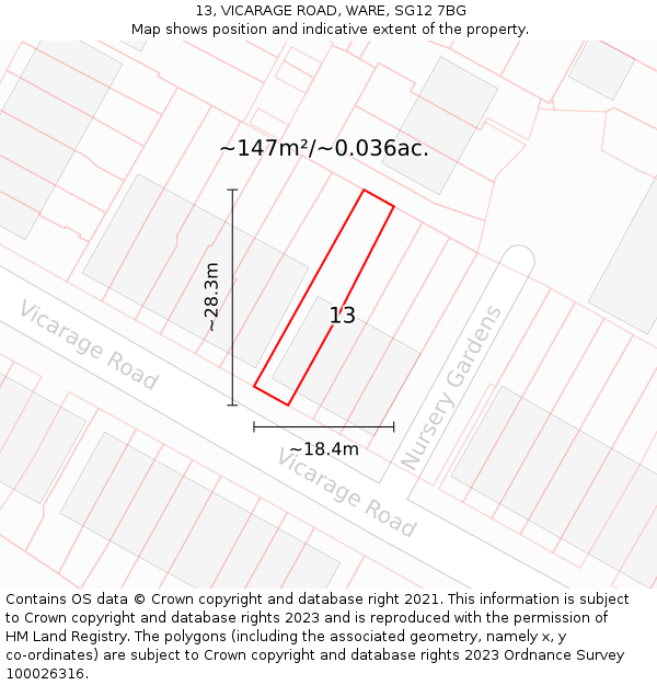 13, VICARAGE ROAD, WARE, SG12 7BG: Plot and title map