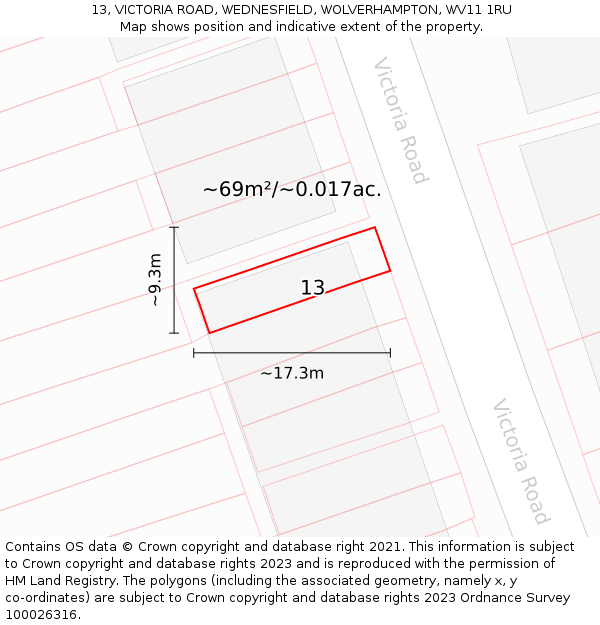 13, VICTORIA ROAD, WEDNESFIELD, WOLVERHAMPTON, WV11 1RU: Plot and title map