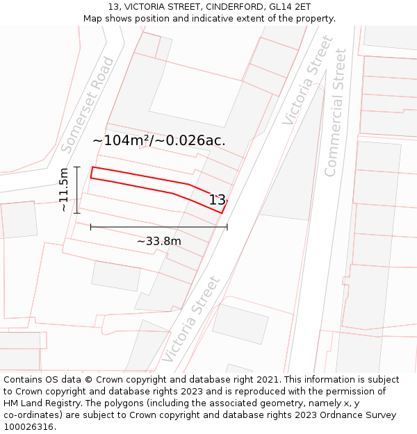 13, VICTORIA STREET, CINDERFORD, GL14 2ET: Plot and title map