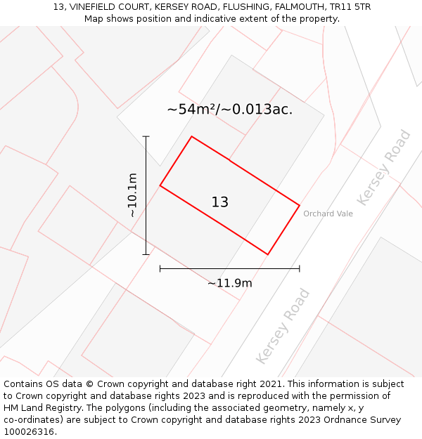 13, VINEFIELD COURT, KERSEY ROAD, FLUSHING, FALMOUTH, TR11 5TR: Plot and title map