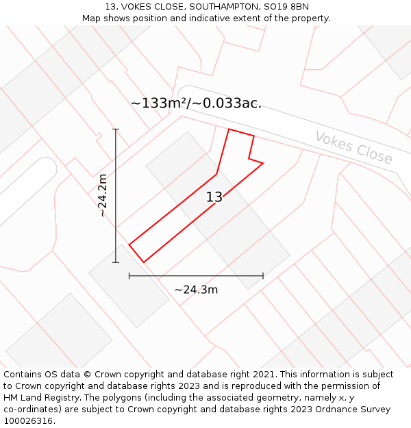 13, VOKES CLOSE, SOUTHAMPTON, SO19 8BN: Plot and title map
