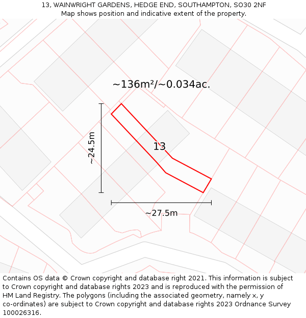 13, WAINWRIGHT GARDENS, HEDGE END, SOUTHAMPTON, SO30 2NF: Plot and title map