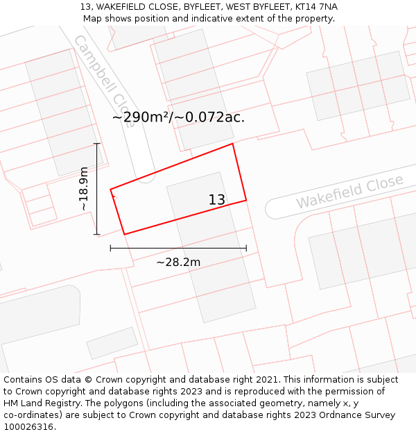 13, WAKEFIELD CLOSE, BYFLEET, WEST BYFLEET, KT14 7NA: Plot and title map