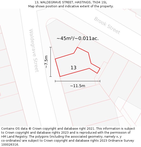 13, WALDEGRAVE STREET, HASTINGS, TN34 1SL: Plot and title map