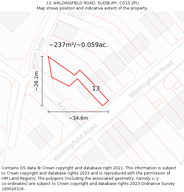 13, WALDINGFIELD ROAD, SUDBURY, CO10 2PU: Plot and title map