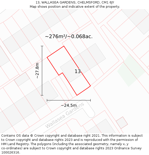 13, WALLASEA GARDENS, CHELMSFORD, CM1 6JY: Plot and title map