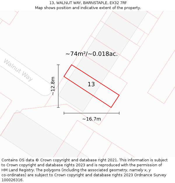 13, WALNUT WAY, BARNSTAPLE, EX32 7RF: Plot and title map