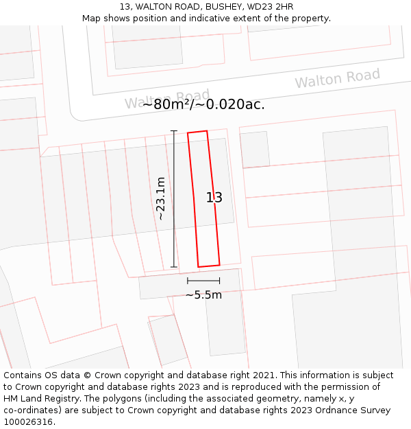 13, WALTON ROAD, BUSHEY, WD23 2HR: Plot and title map