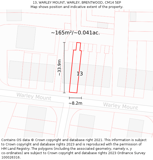 13, WARLEY MOUNT, WARLEY, BRENTWOOD, CM14 5EP: Plot and title map