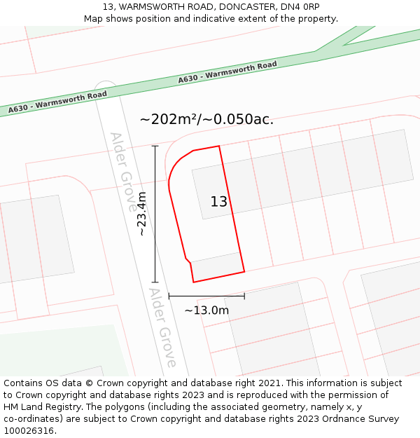 13, WARMSWORTH ROAD, DONCASTER, DN4 0RP: Plot and title map