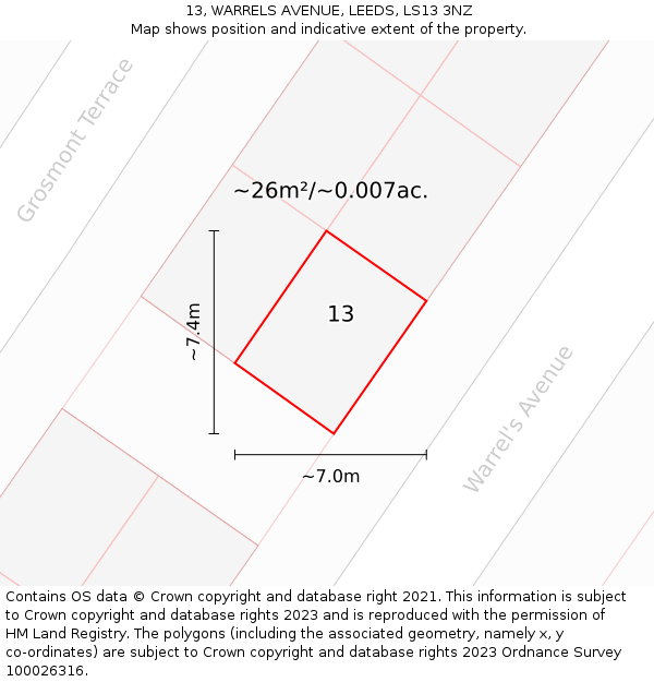 13, WARRELS AVENUE, LEEDS, LS13 3NZ: Plot and title map