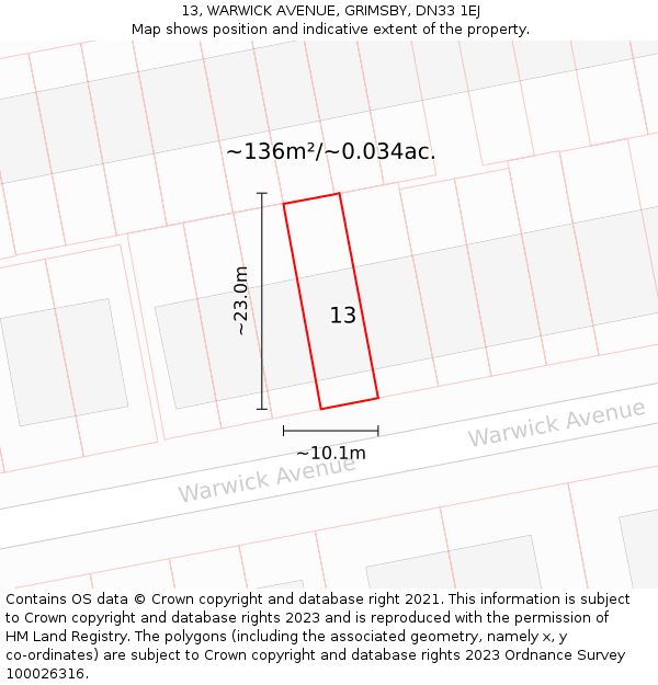 13, WARWICK AVENUE, GRIMSBY, DN33 1EJ: Plot and title map