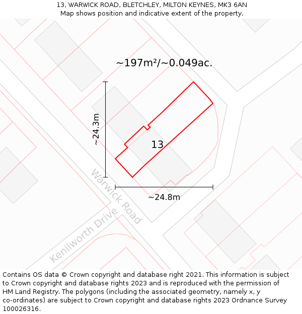 13, WARWICK ROAD, BLETCHLEY, MILTON KEYNES, MK3 6AN: Plot and title map