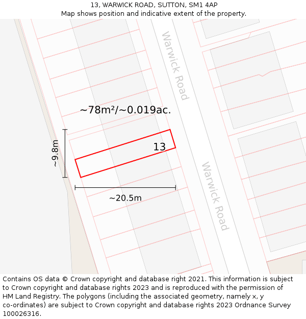 13, WARWICK ROAD, SUTTON, SM1 4AP: Plot and title map