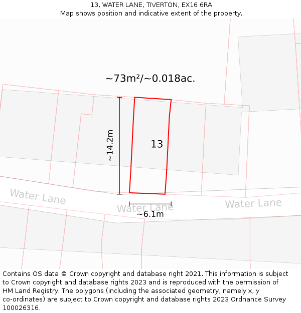 13, WATER LANE, TIVERTON, EX16 6RA: Plot and title map