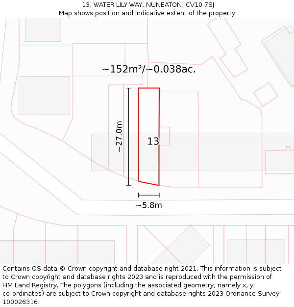 13, WATER LILY WAY, NUNEATON, CV10 7SJ: Plot and title map