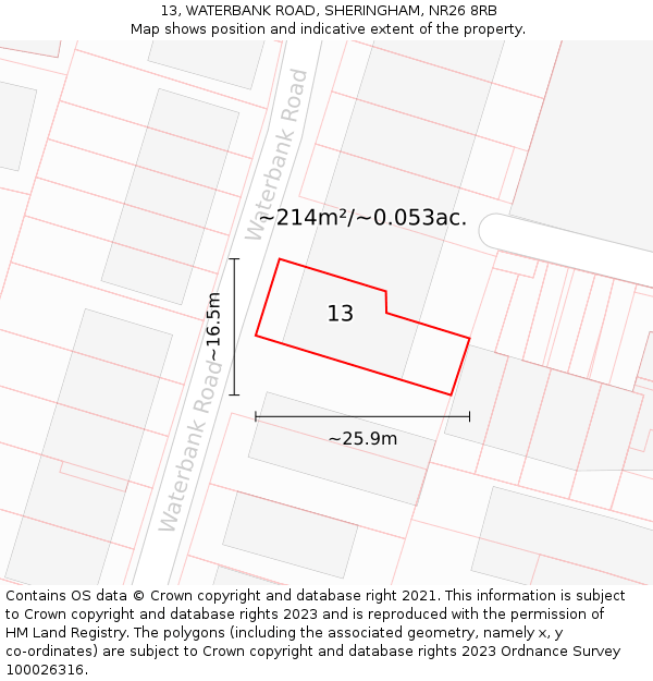 13, WATERBANK ROAD, SHERINGHAM, NR26 8RB: Plot and title map
