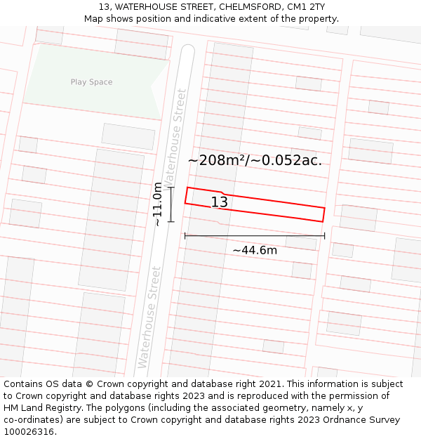 13, WATERHOUSE STREET, CHELMSFORD, CM1 2TY: Plot and title map
