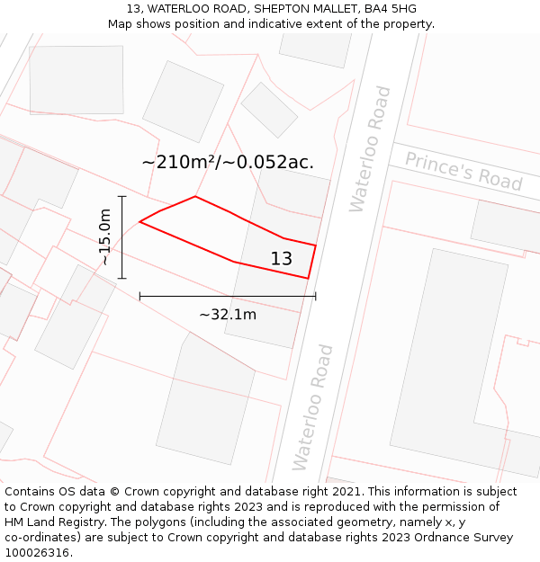 13, WATERLOO ROAD, SHEPTON MALLET, BA4 5HG: Plot and title map