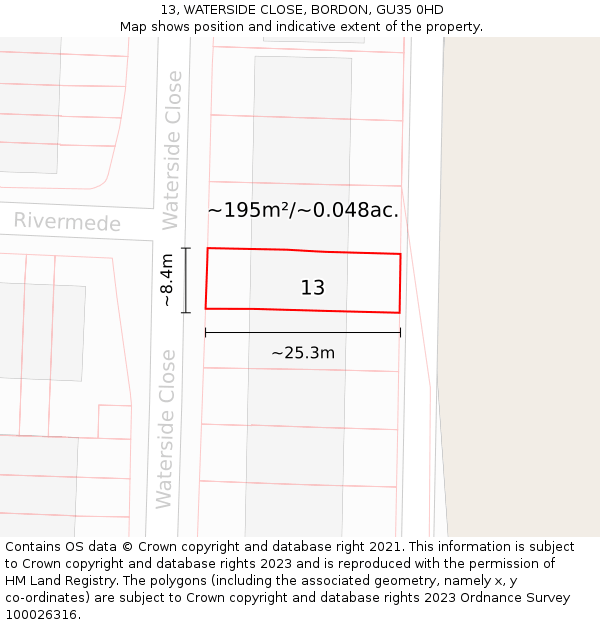 13, WATERSIDE CLOSE, BORDON, GU35 0HD: Plot and title map