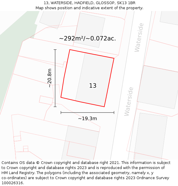 13, WATERSIDE, HADFIELD, GLOSSOP, SK13 1BR: Plot and title map