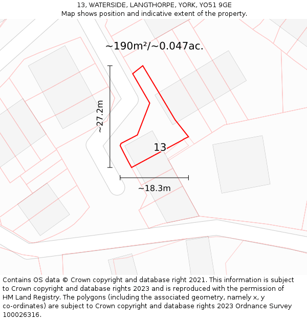 13, WATERSIDE, LANGTHORPE, YORK, YO51 9GE: Plot and title map